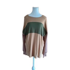 DOKOTOO WOMEN'S LONG SLEEVE TOP SIZE XL BROWN STRIPED CREW NECK PREPPY